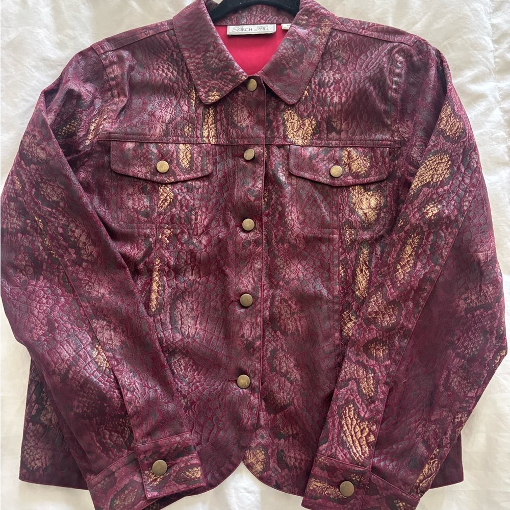 Chic Burgundy and Gold Python Print Leather Jacket - image 1